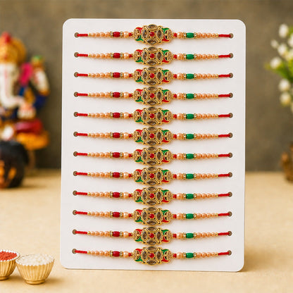 Designer Stylish Kundan Stone Pearl Beads Rakhi (12 Pc Set)
