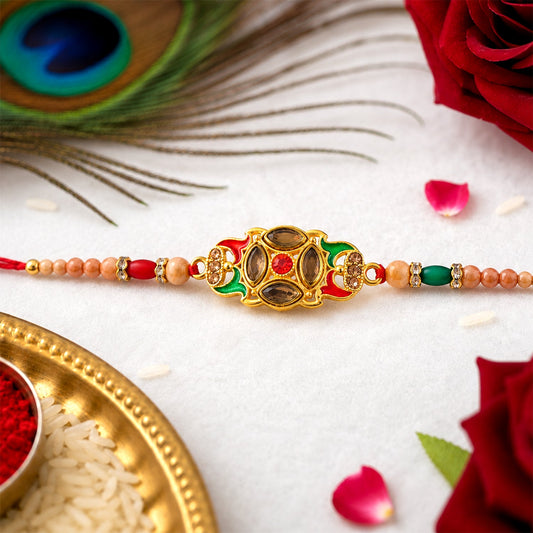 Designer Stylish Kundan Stone Pearl Beads Rakhi