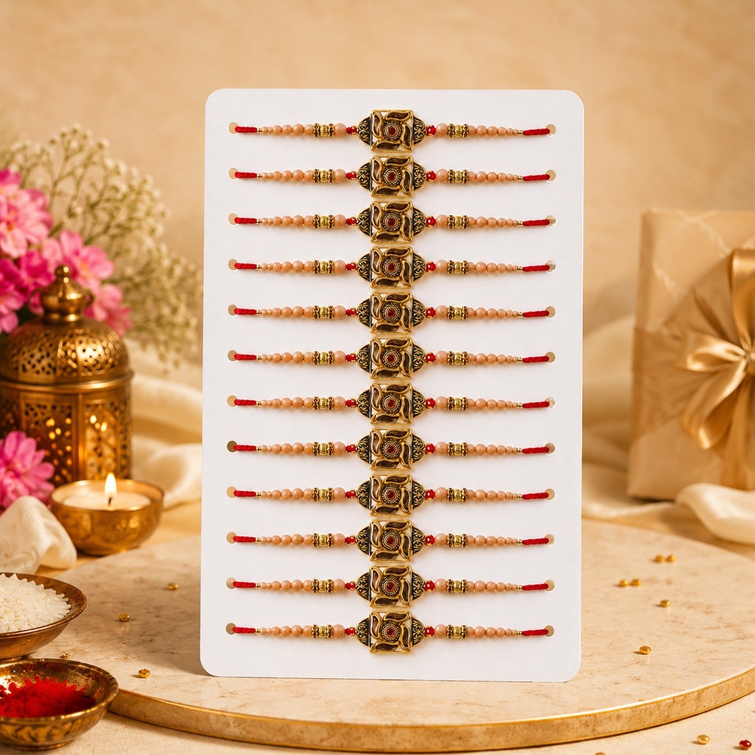Antique Golden Square Swirl Motif Stone Peach Beads Traditional Rakhi (12 Pc Set)