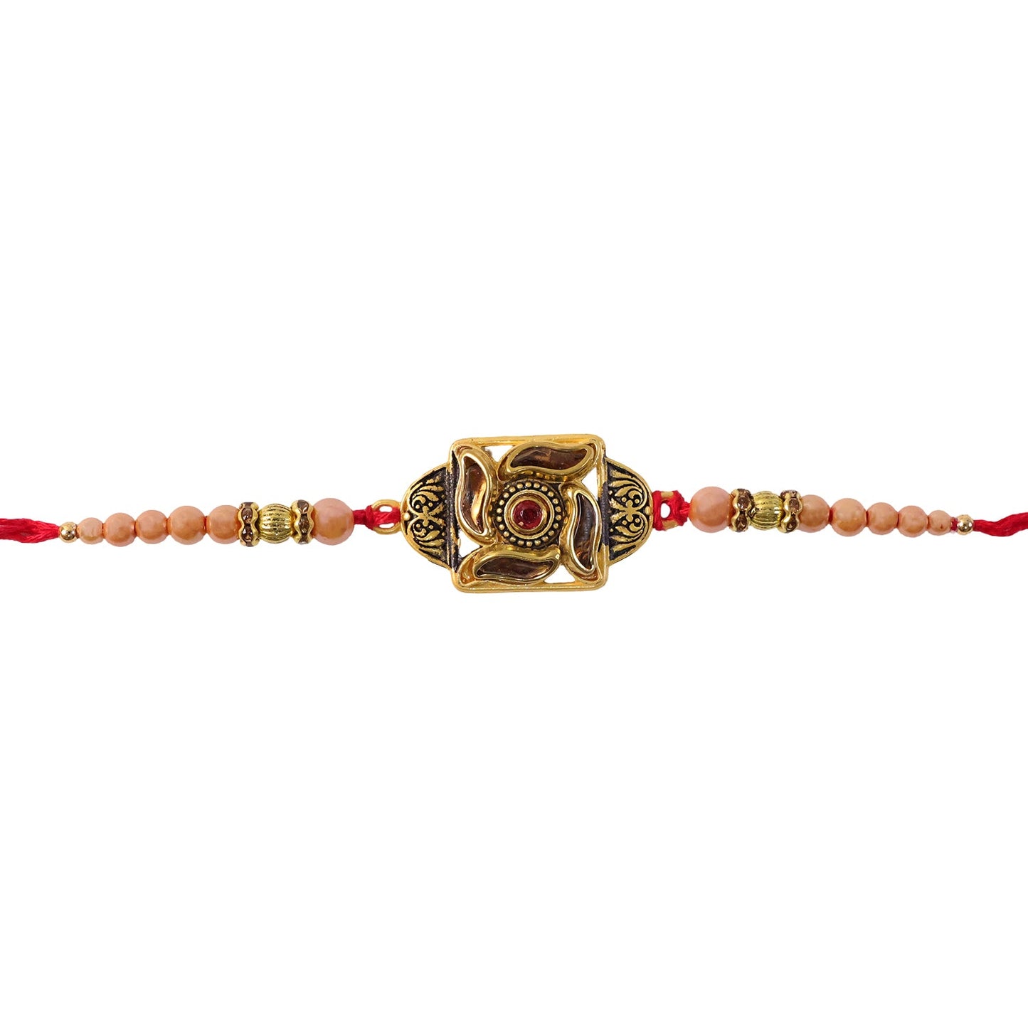 Antique Golden Square Swirl Motif Stone Peach Beads Traditional Rakhi (12 Pc Set)