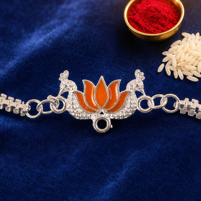 Lotus Mor Peacock Enamel Silver Chain Designer Rakhi