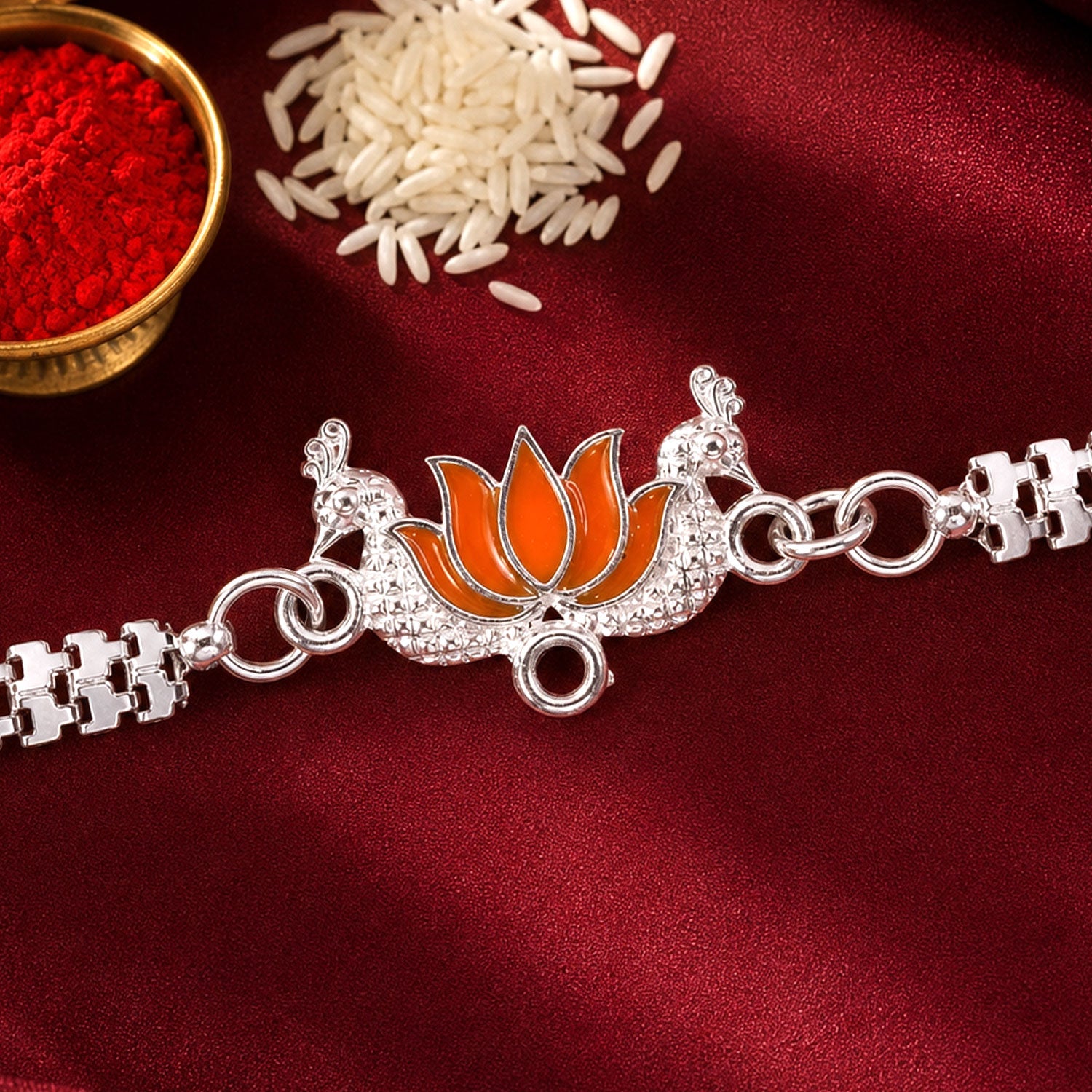 Lotus Mor Peacock Enamel Silver Chain Designer Rakhi