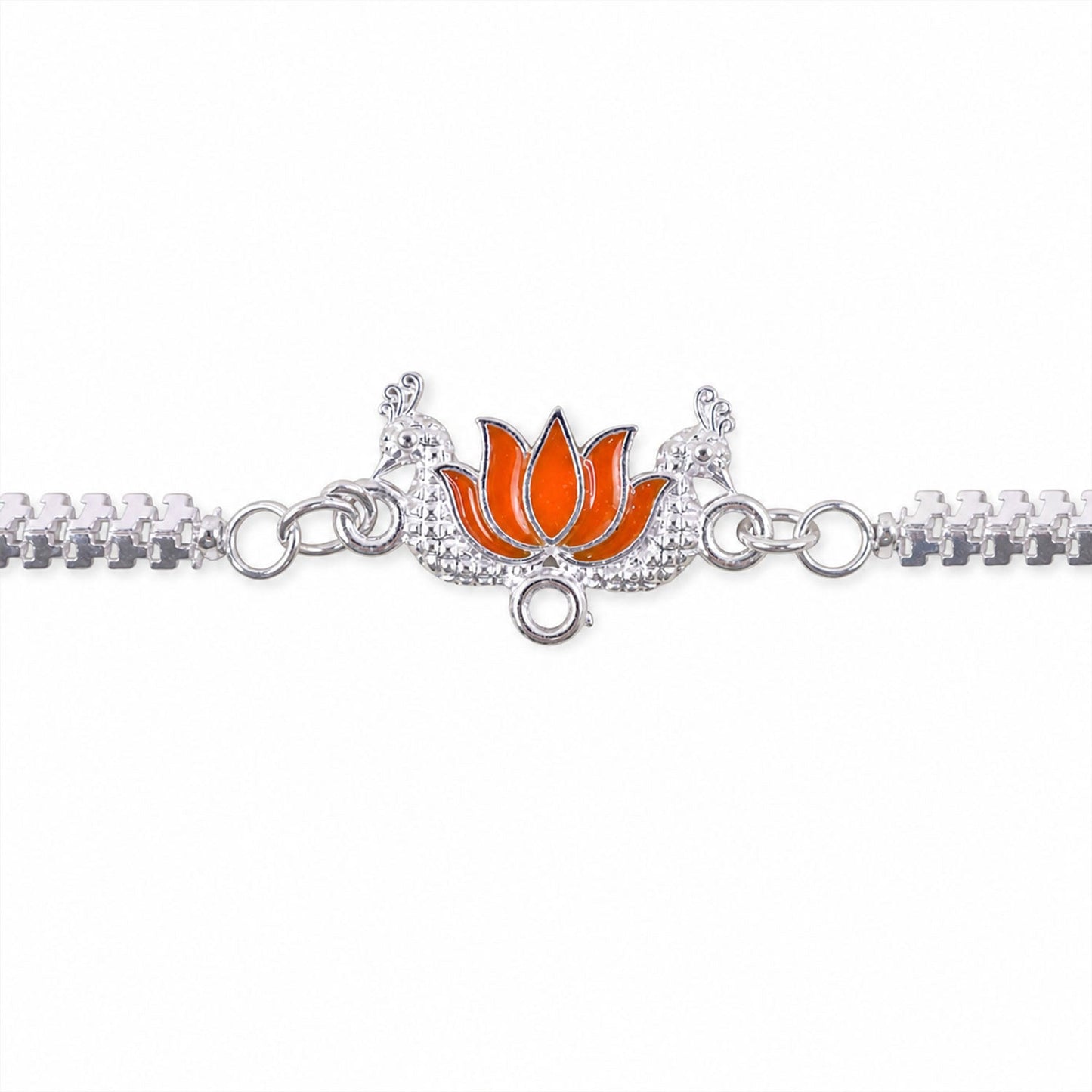 Lotus Mor Peacock Enamel Silver Chain Designer Rakhi