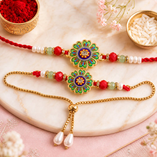 Premium Round Floral Beaded Lumba Bhai Bhabhi Rakhi Set