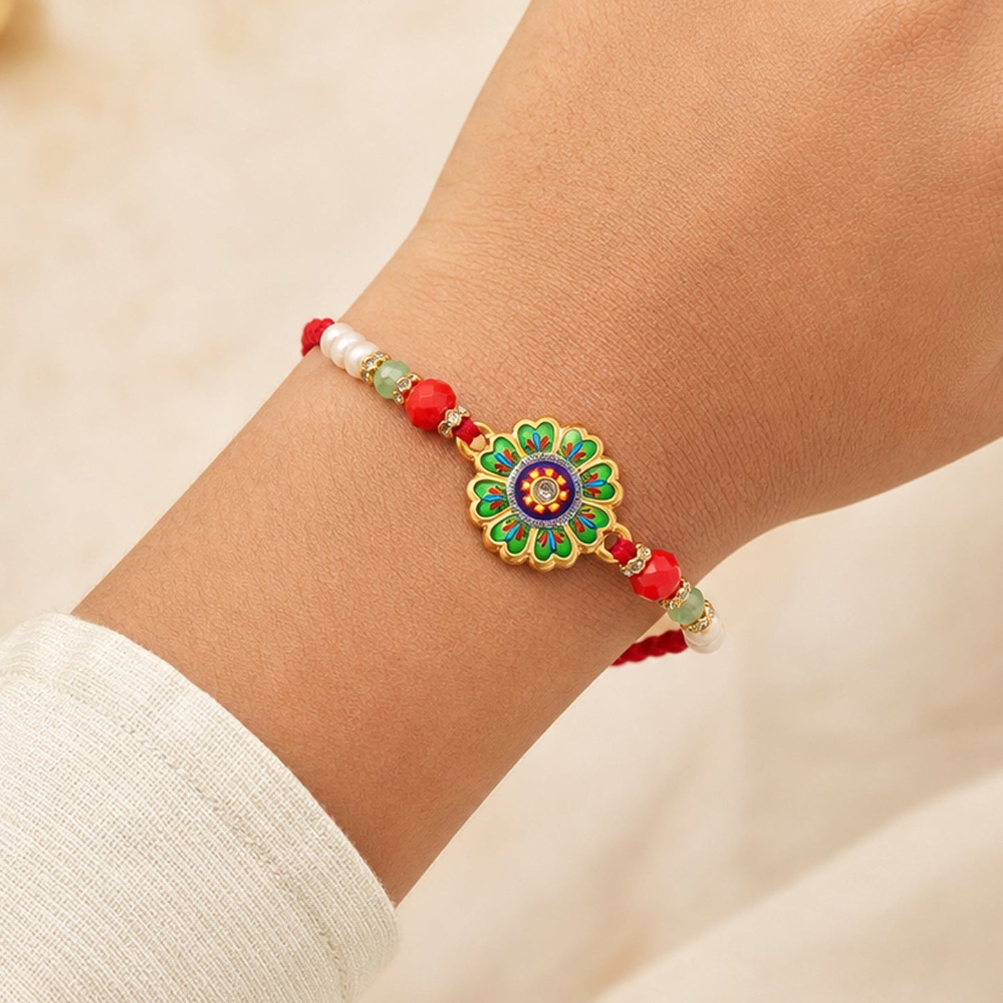 Premium Round Floral Beaded Lumba Bhai Bhabhi Rakhi Set