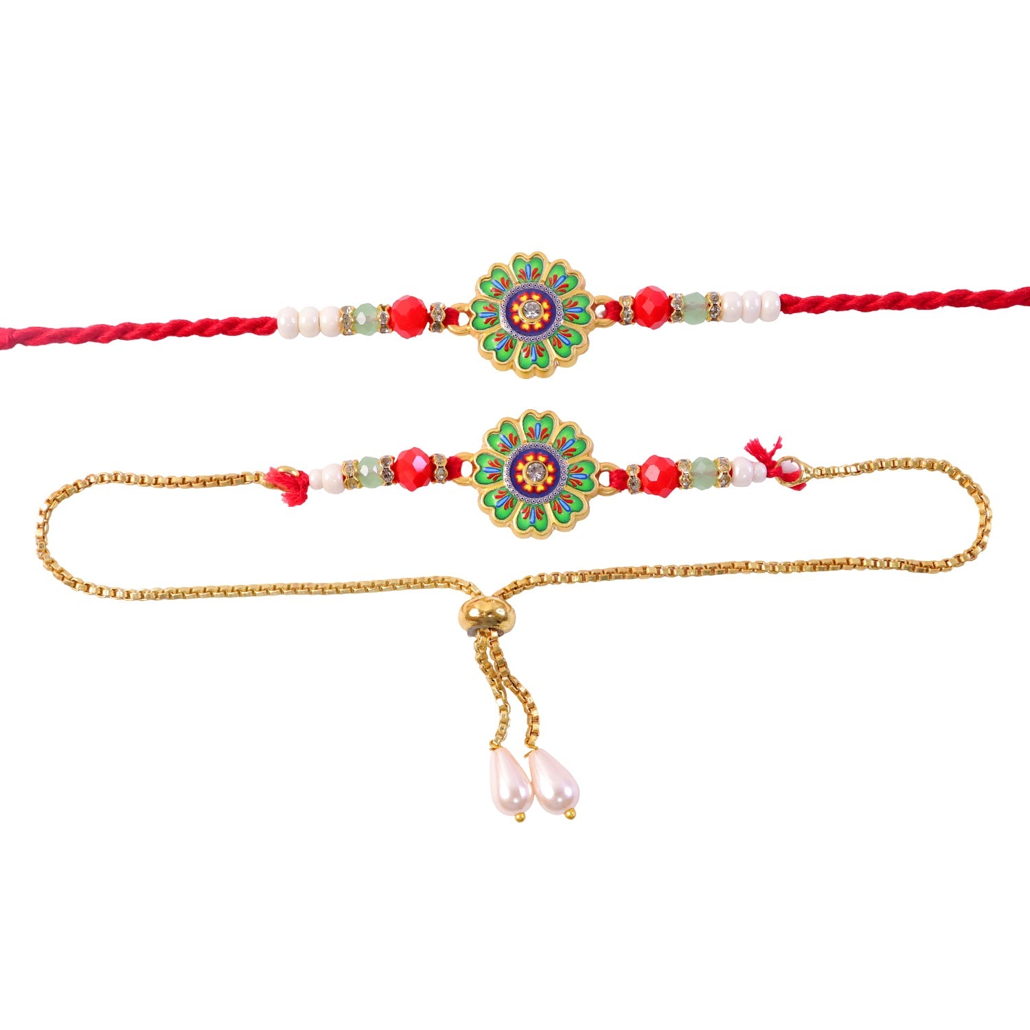 Premium Round Floral Beaded Lumba Bhai Bhabhi Rakhi Set