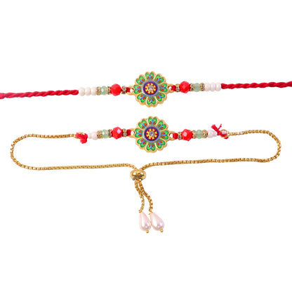 Premium Round Floral Beaded Lumba Bhai Bhabhi Rakhi Set