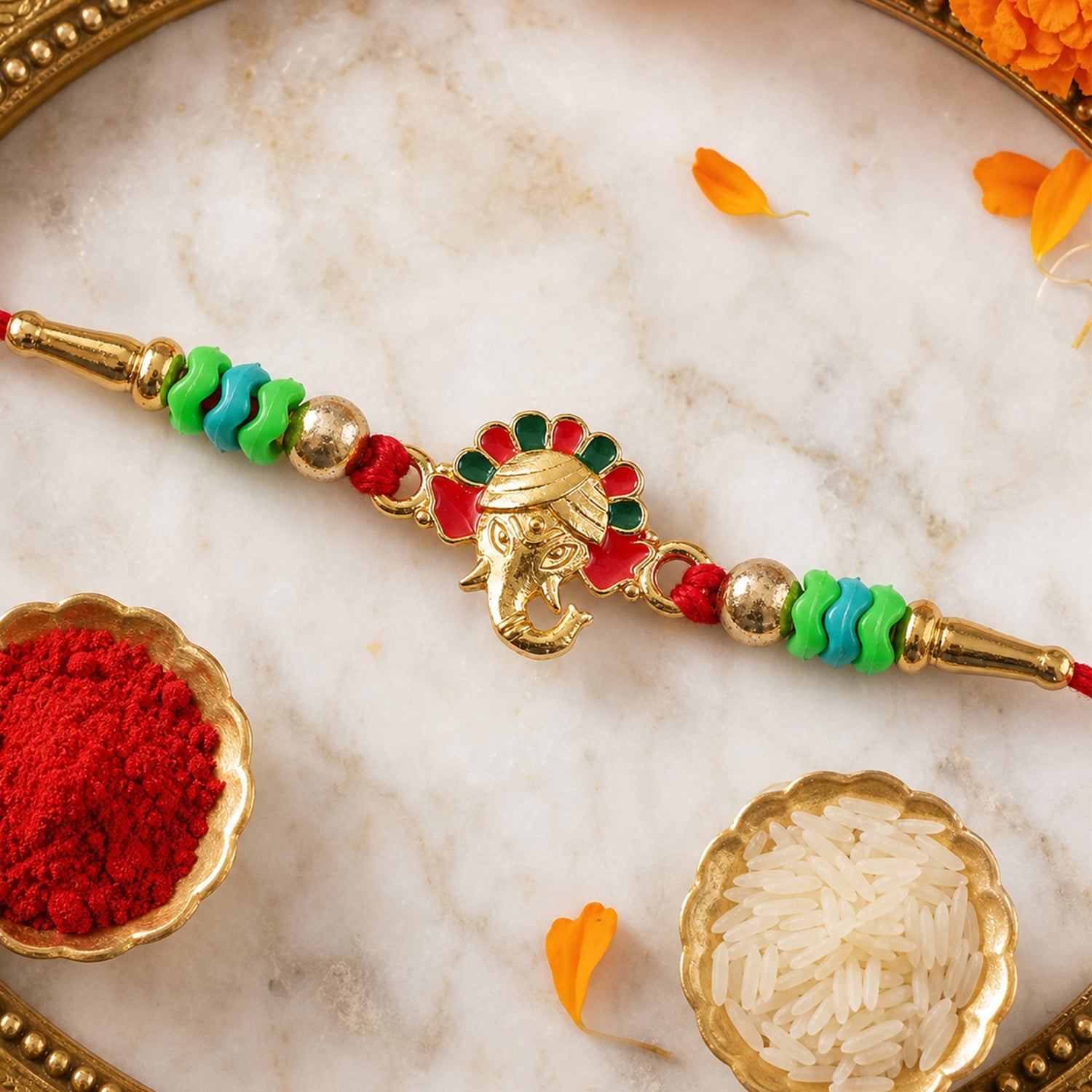 Ganesha Kundan Beaded Rakhi with Royal Crown Center Charm Design