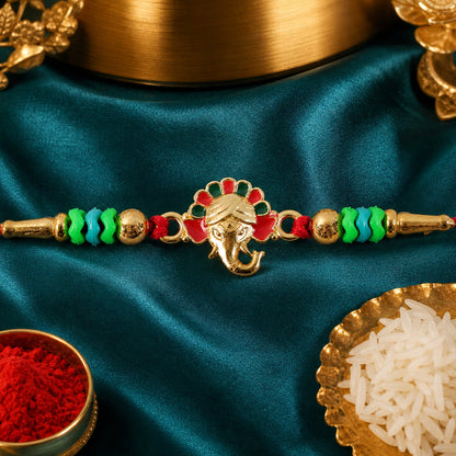 Ganesha Kundan Beaded Rakhi with Royal Crown Center Charm Design