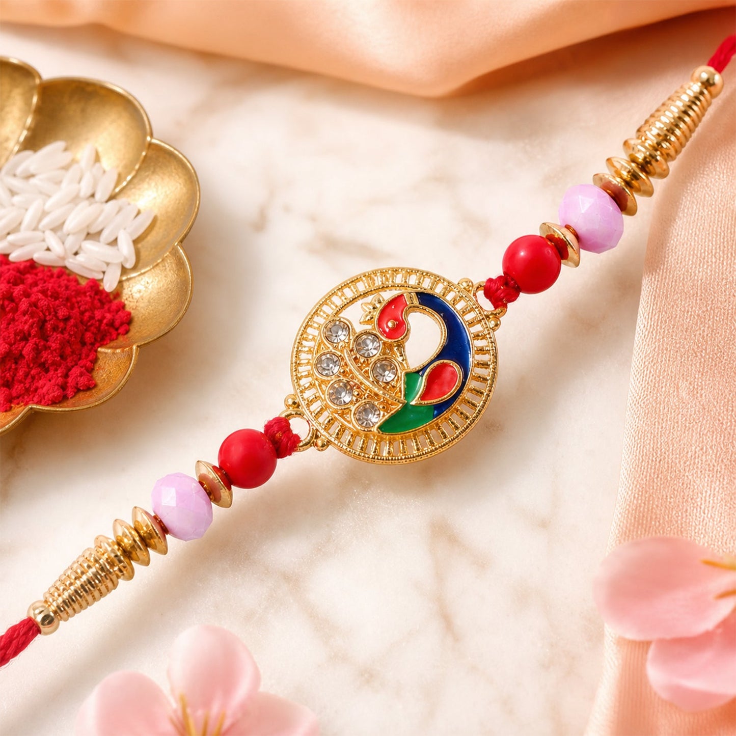 Premium Round Peacock Rakhi with Pearl Beads and Sacred Charm Design