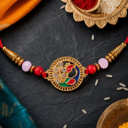 Premium Round Peacock Rakhi with Pearl Beads and Sacred Charm Design