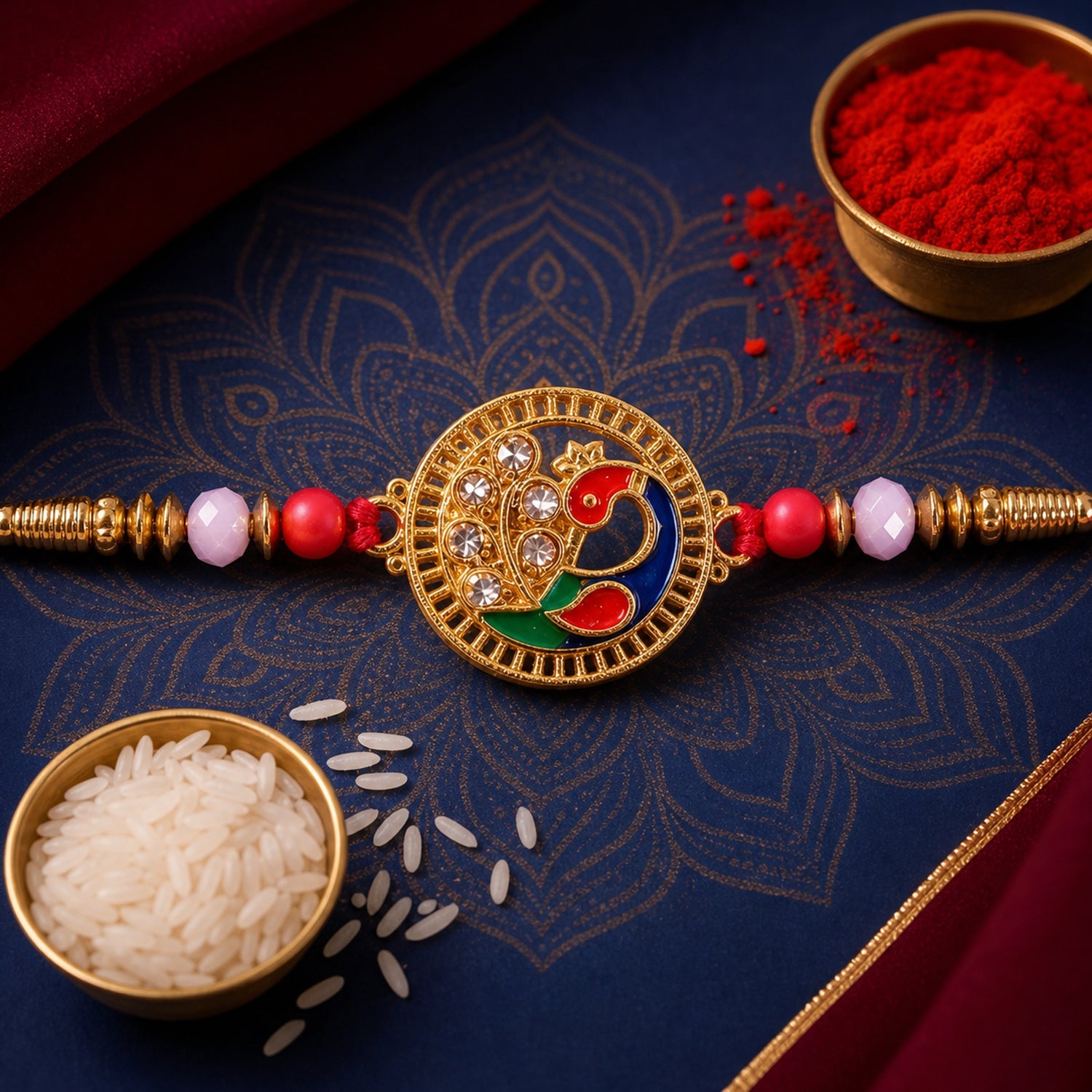 Premium Round Peacock Rakhi with Pearl Beads and Sacred Charm Design