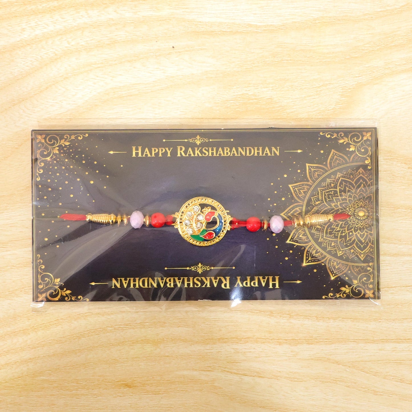 Premium Round Peacock Rakhi with Pearl Beads and Sacred Charm Design