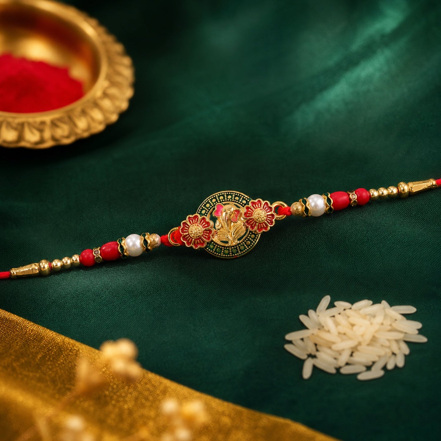 Stylish Ganesh Motif Rakhi with Ornamental Beaded Center Design
