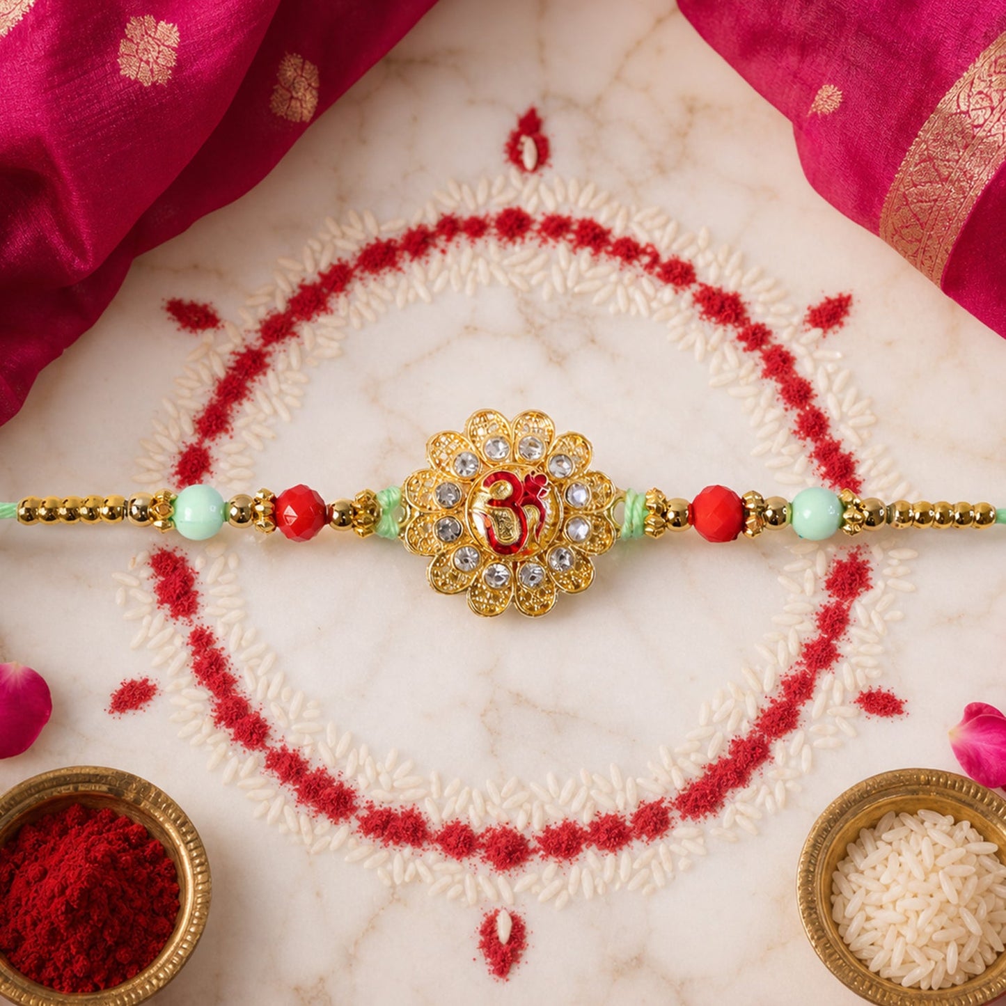 Om Floral Kundan Rakhi with Pearl Beads and Traditional Motif Design