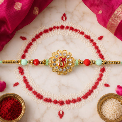 Om Floral Kundan Rakhi with Pearl Beads and Traditional Motif Design