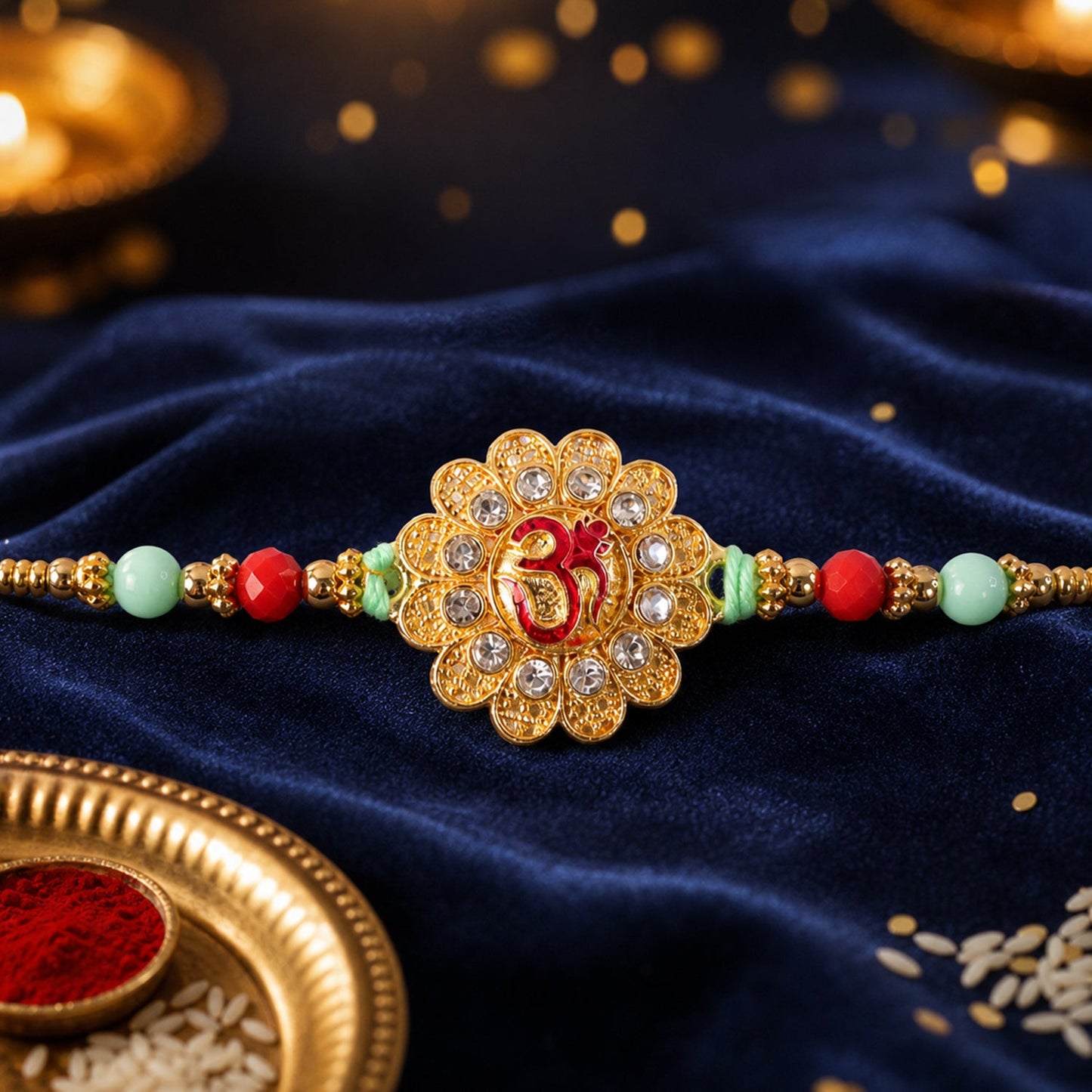 Om Floral Kundan Rakhi with Pearl Beads and Traditional Motif Design