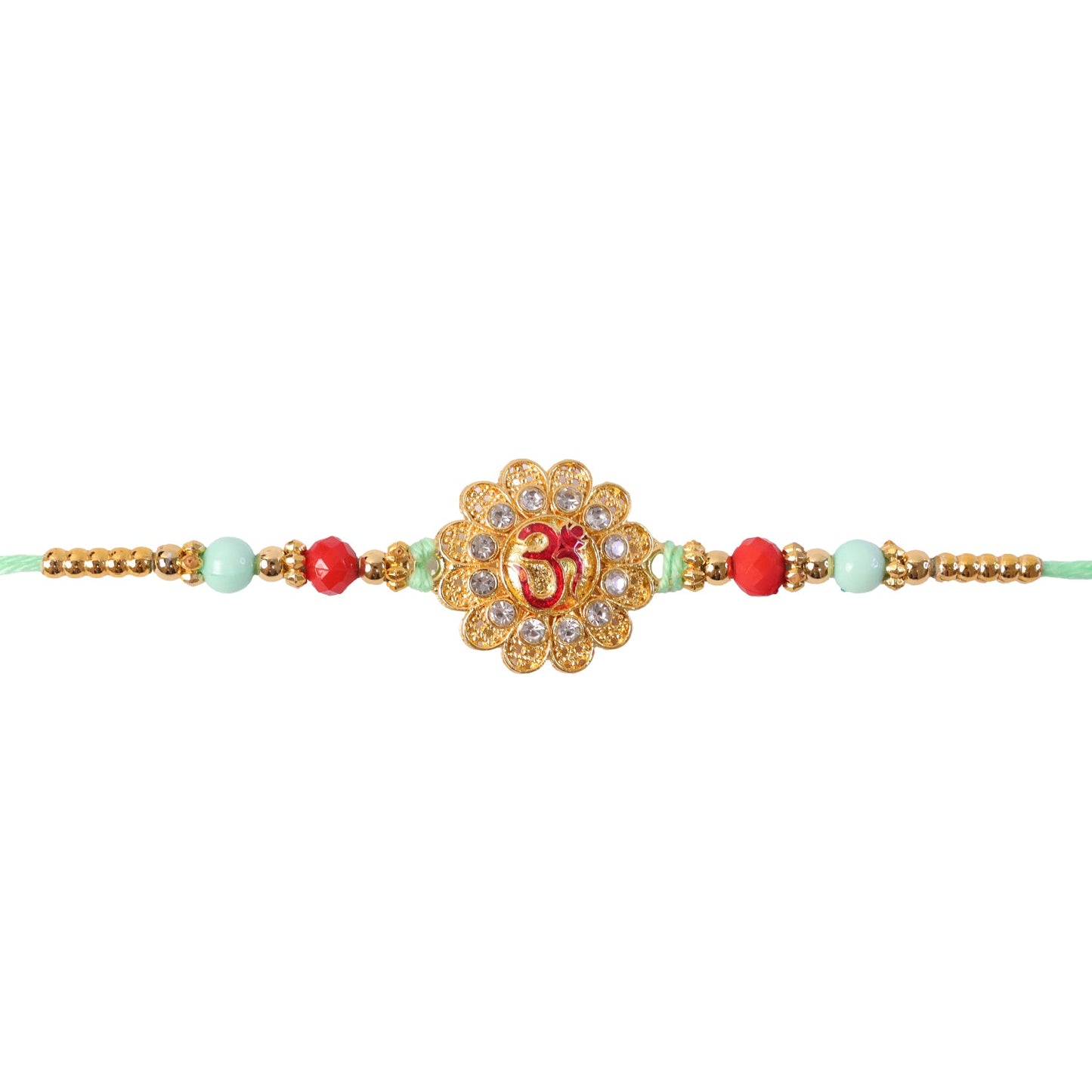 Om Floral Kundan Rakhi with Pearl Beads and Traditional Motif Design