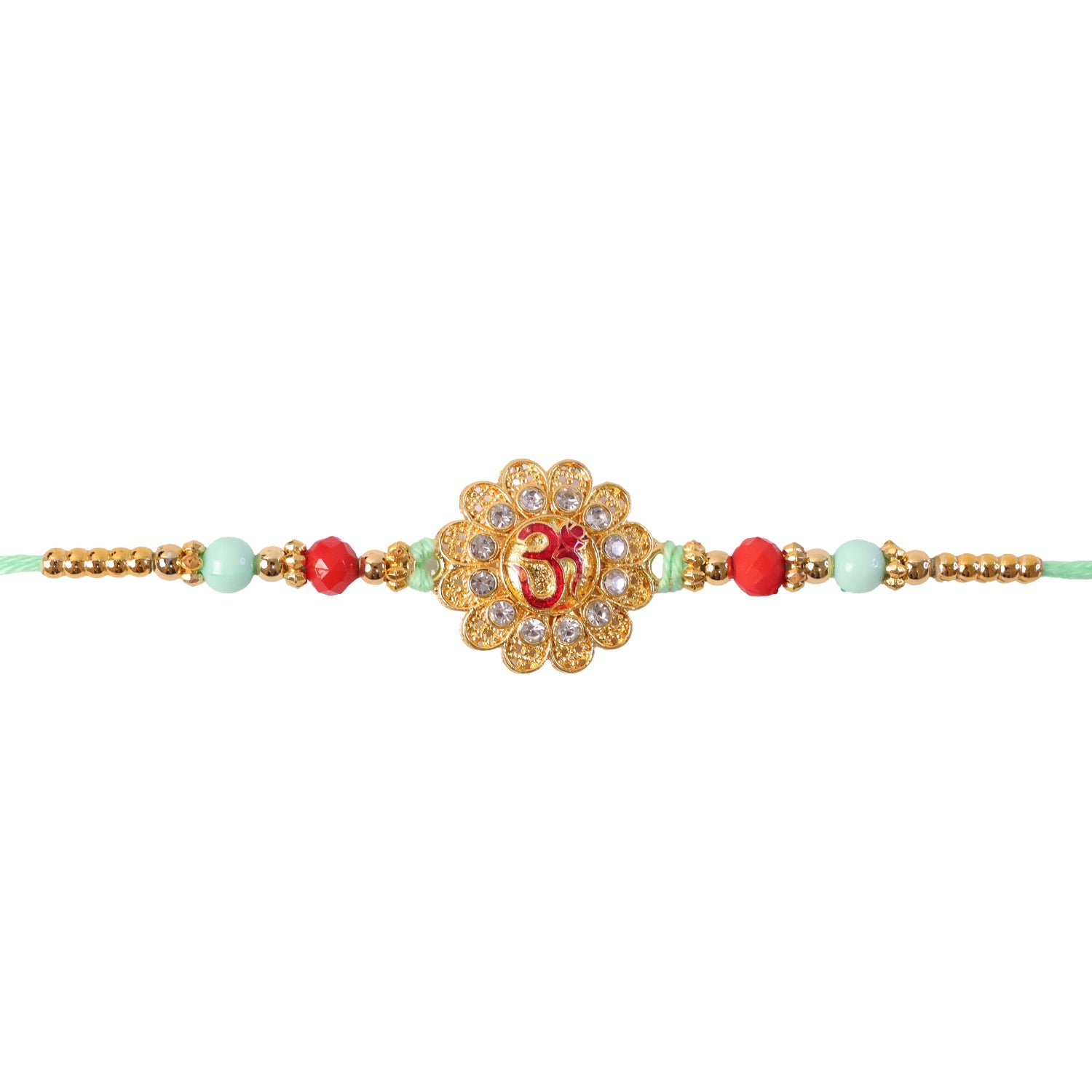 Om Floral Kundan Rakhi with Pearl Beads and Traditional Motif Design