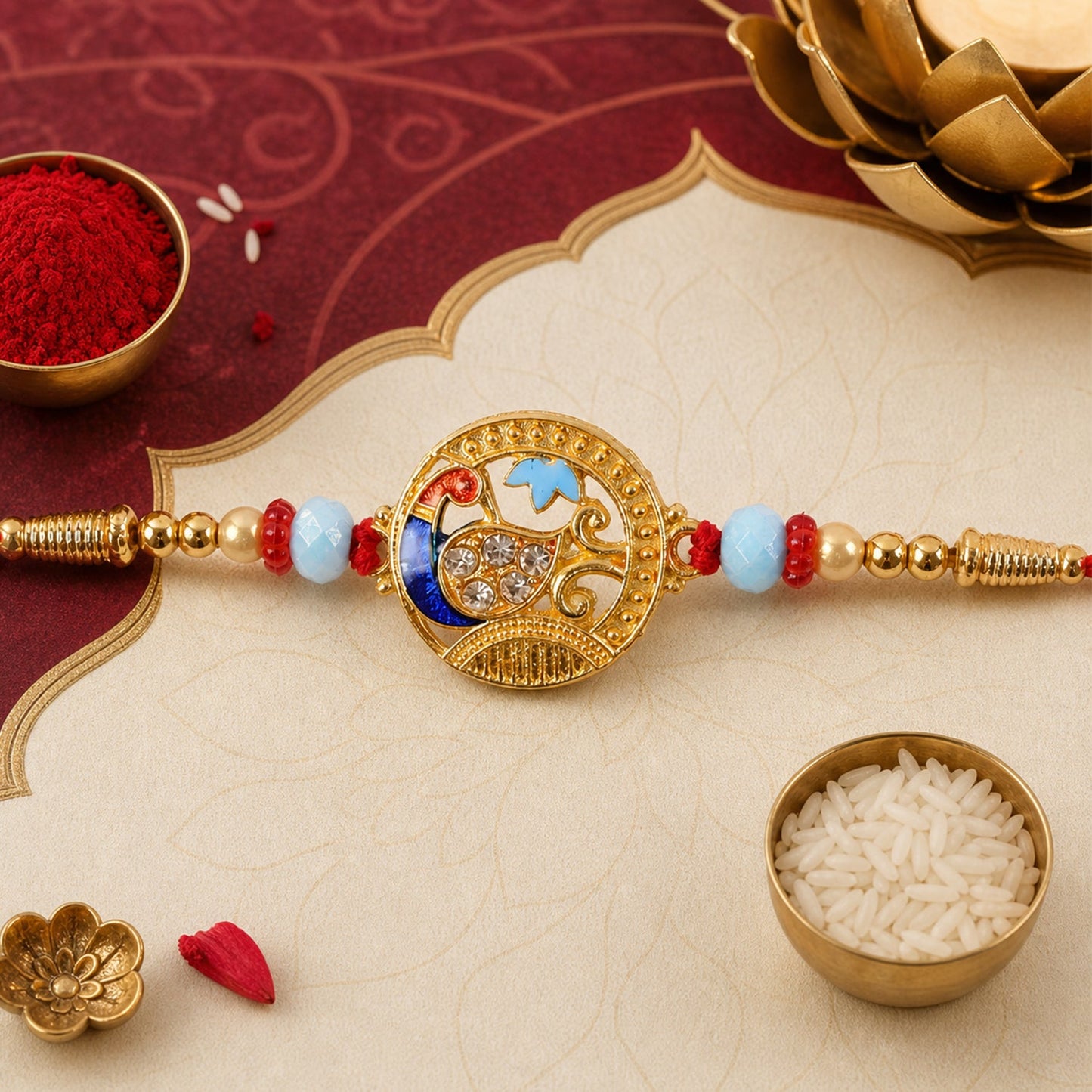 Round Peacock Motif Rakhi with Beaded Sacred Center Charm Design