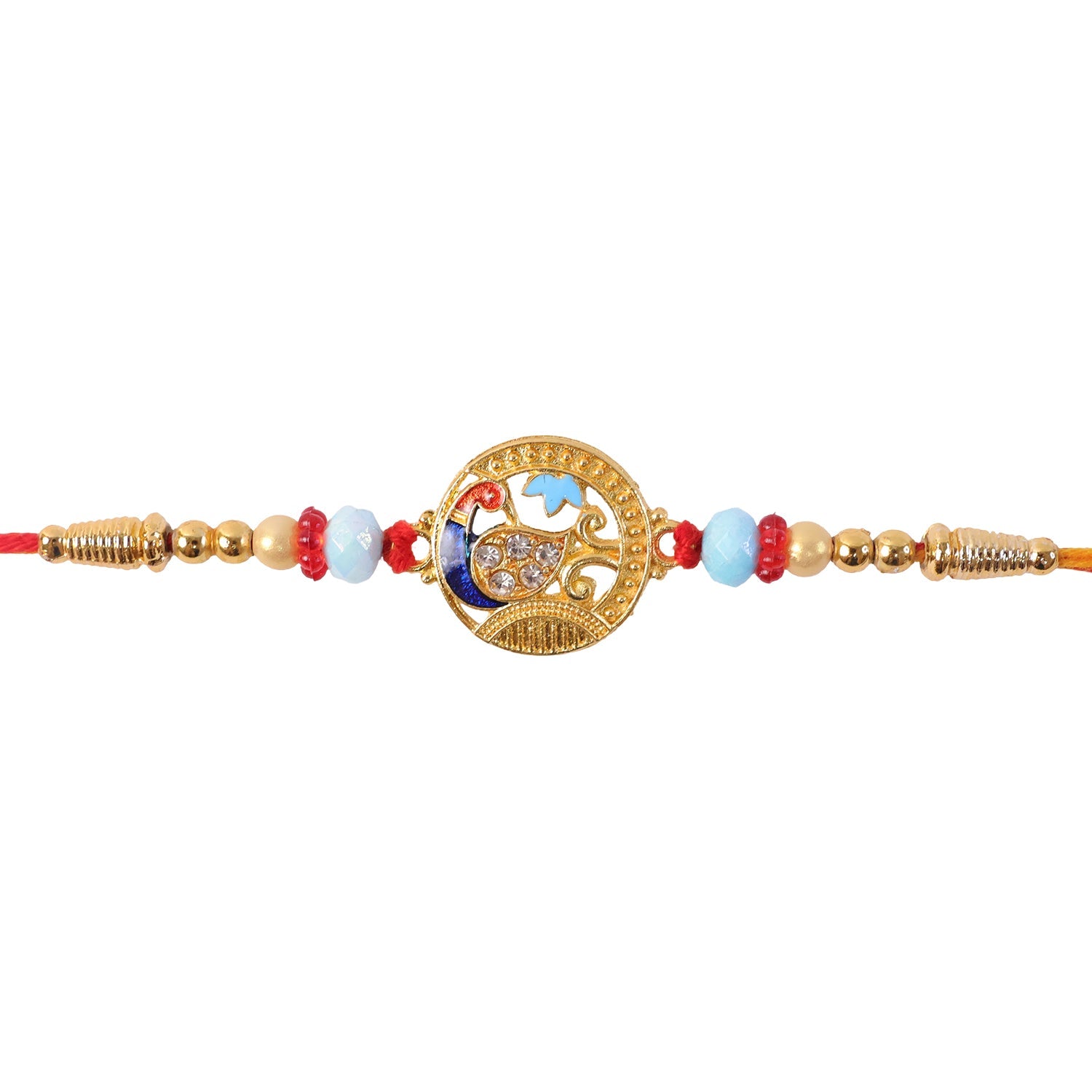 Round Peacock Motif Rakhi with Beaded Sacred Center Charm Design