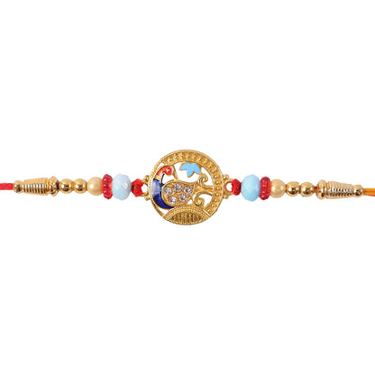 Round Peacock Motif Rakhi with Beaded Sacred Center Charm Design