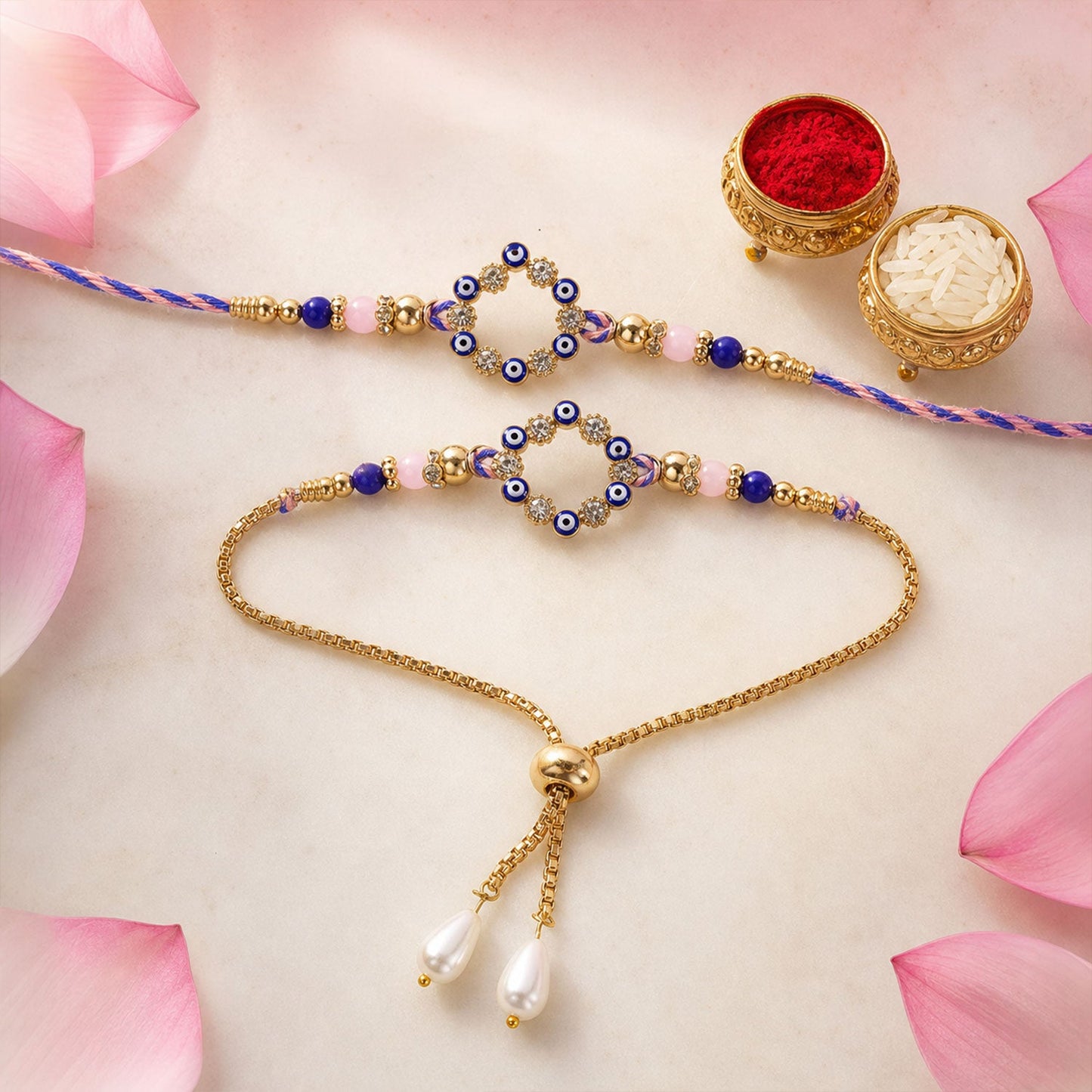Premium Evil Eye Nazar Crystal Beads Bhai Bhabhi Rakhi Lumba Set