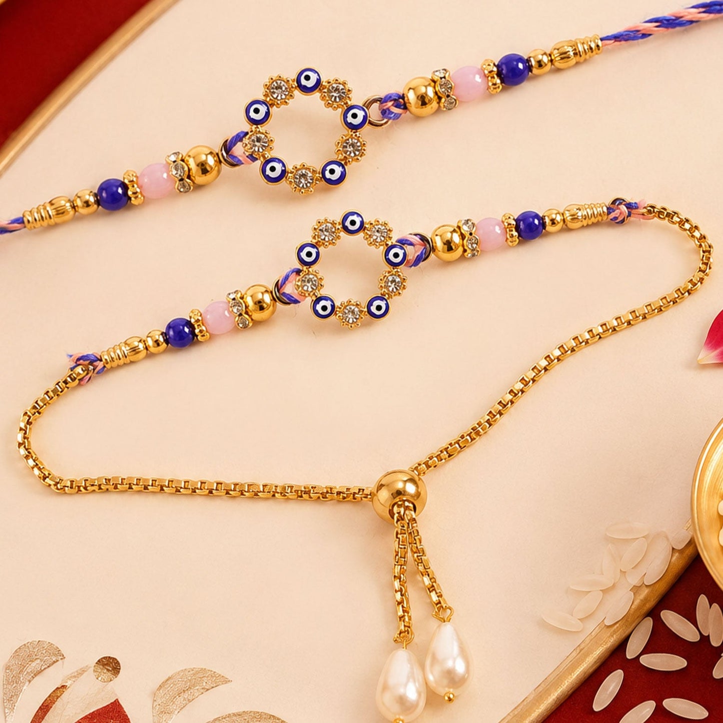 Premium Evil Eye Nazar Crystal Beads Bhai Bhabhi Rakhi Lumba Set