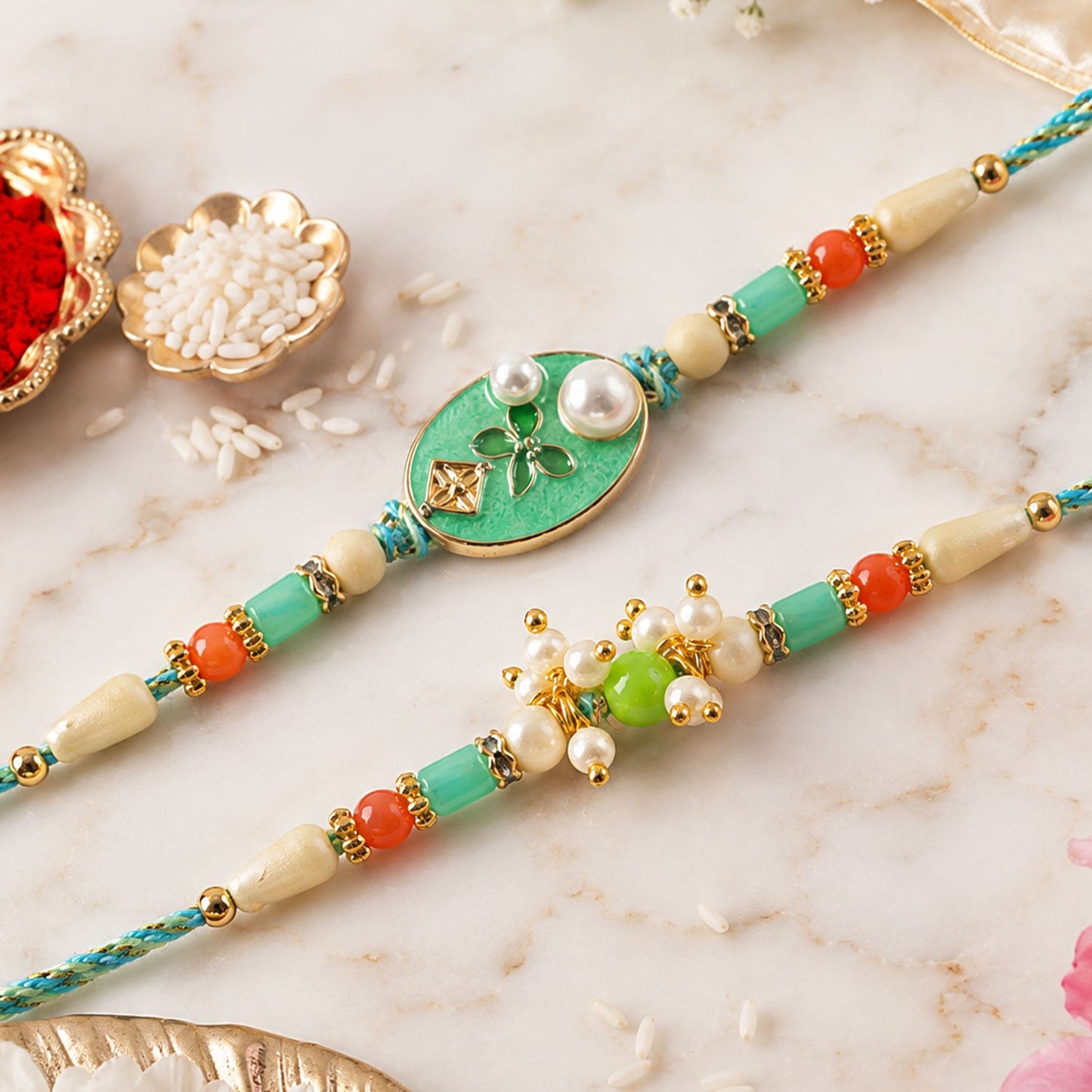 Premium Oval Meenakari Floral Pearl Beads Bhai Bhabhi Rakhi Lumba Set