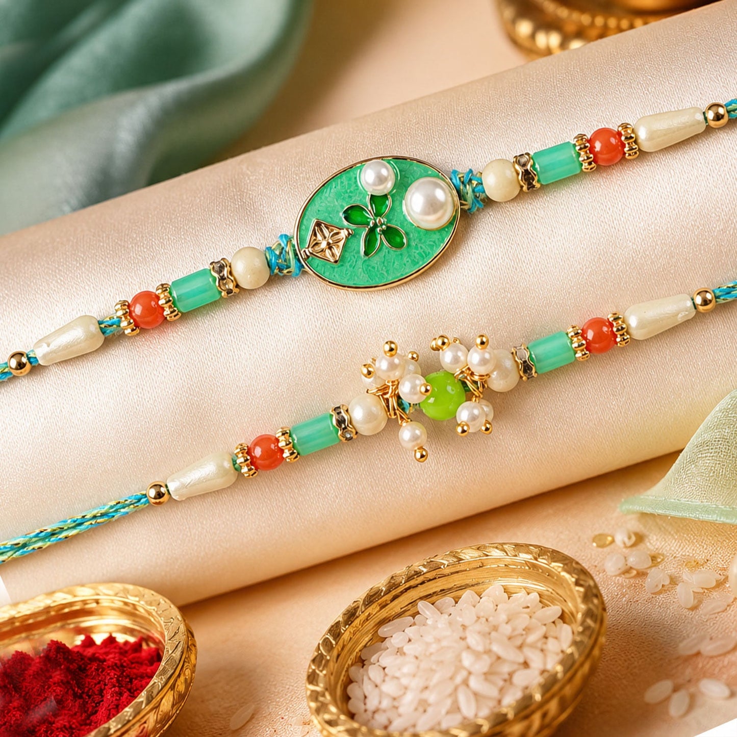 Premium Oval Meenakari Floral Pearl Beads Bhai Bhabhi Rakhi Lumba Set