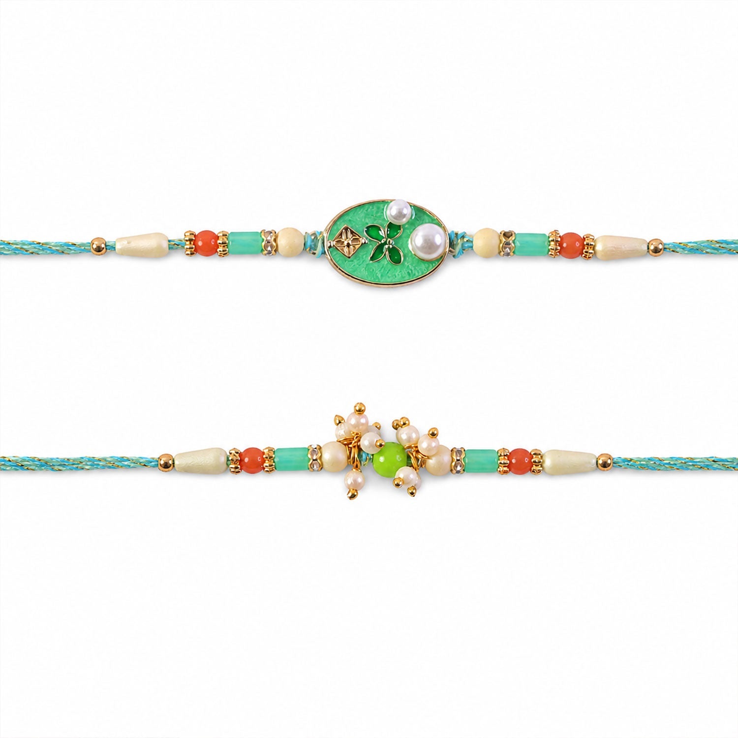Premium Oval Meenakari Floral Pearl Beads Bhai Bhabhi Rakhi Lumba Set