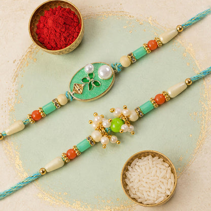 Premium Oval Meenakari Floral Pearl Beads Bhai Bhabhi Rakhi Lumba Set