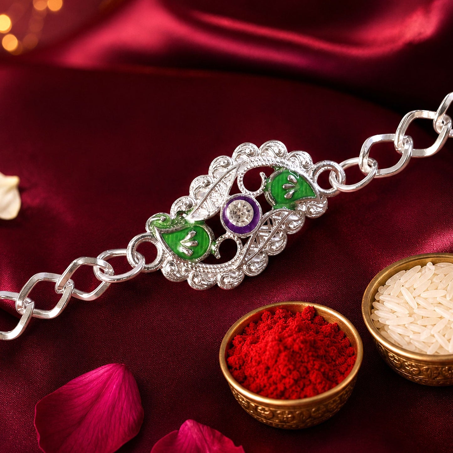 Stylish Leaf Meenakari Enamel Crystal Silver Chain Designer Rakhi