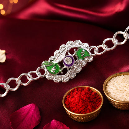 Stylish Leaf Meenakari Enamel Crystal Silver Chain Designer Rakhi