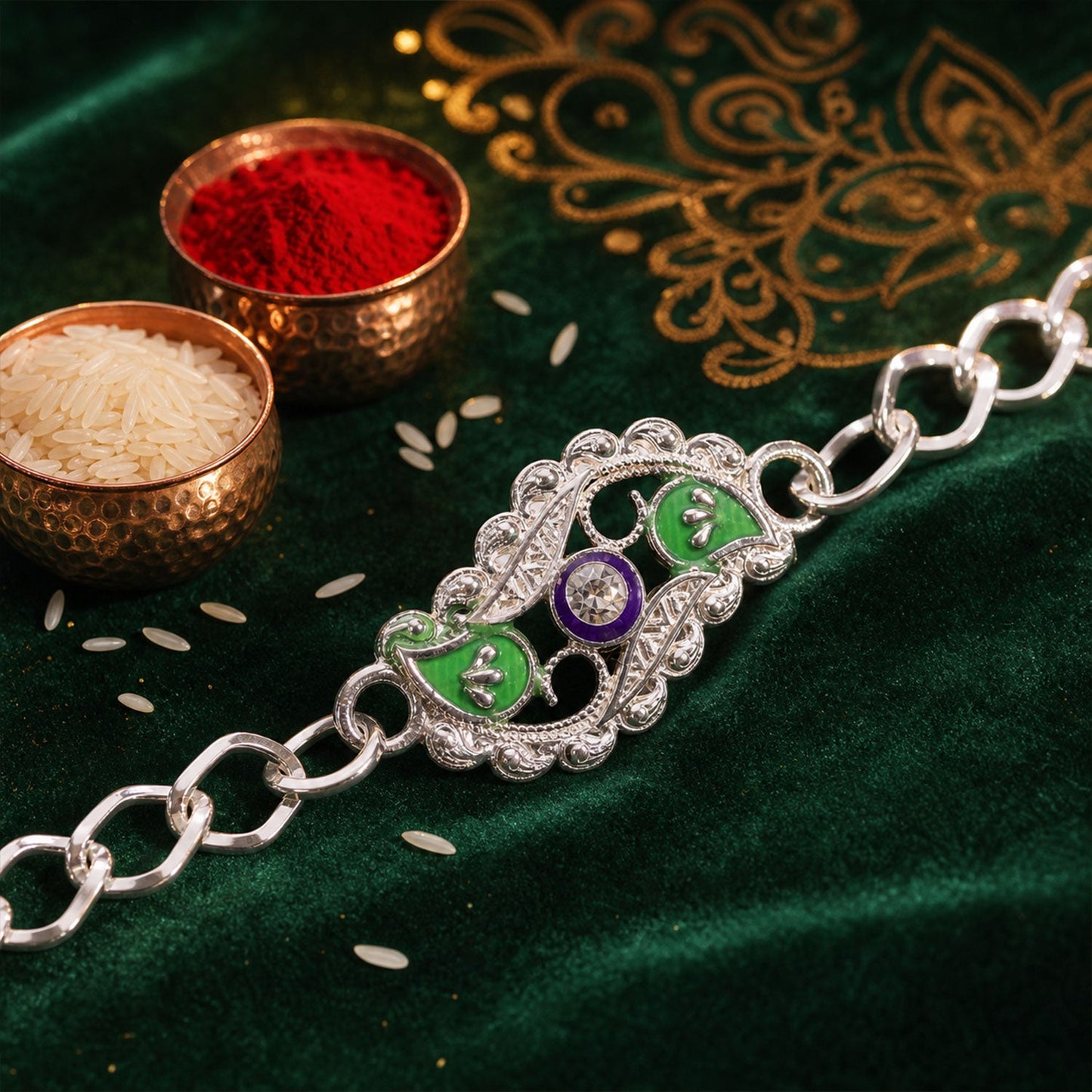 Stylish Leaf Meenakari Enamel Crystal Silver Chain Designer Rakhi