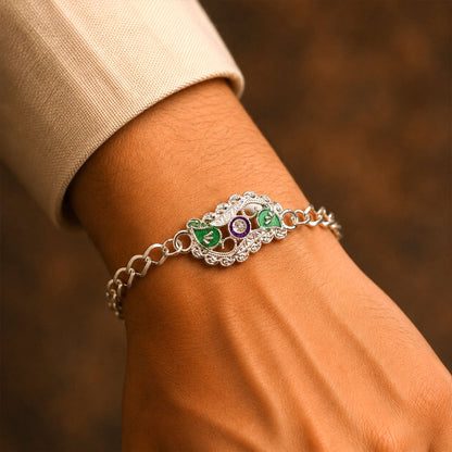 Stylish Leaf Meenakari Enamel Crystal Silver Chain Designer Rakhi