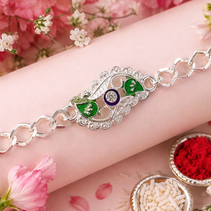 Stylish Leaf Meenakari Enamel Crystal Silver Chain Designer Rakhi