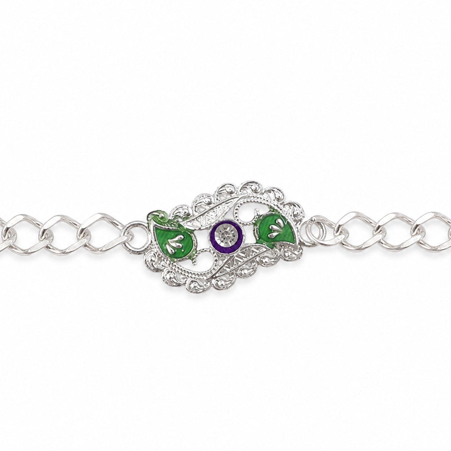 Stylish Leaf Meenakari Enamel Crystal Silver Chain Designer Rakhi