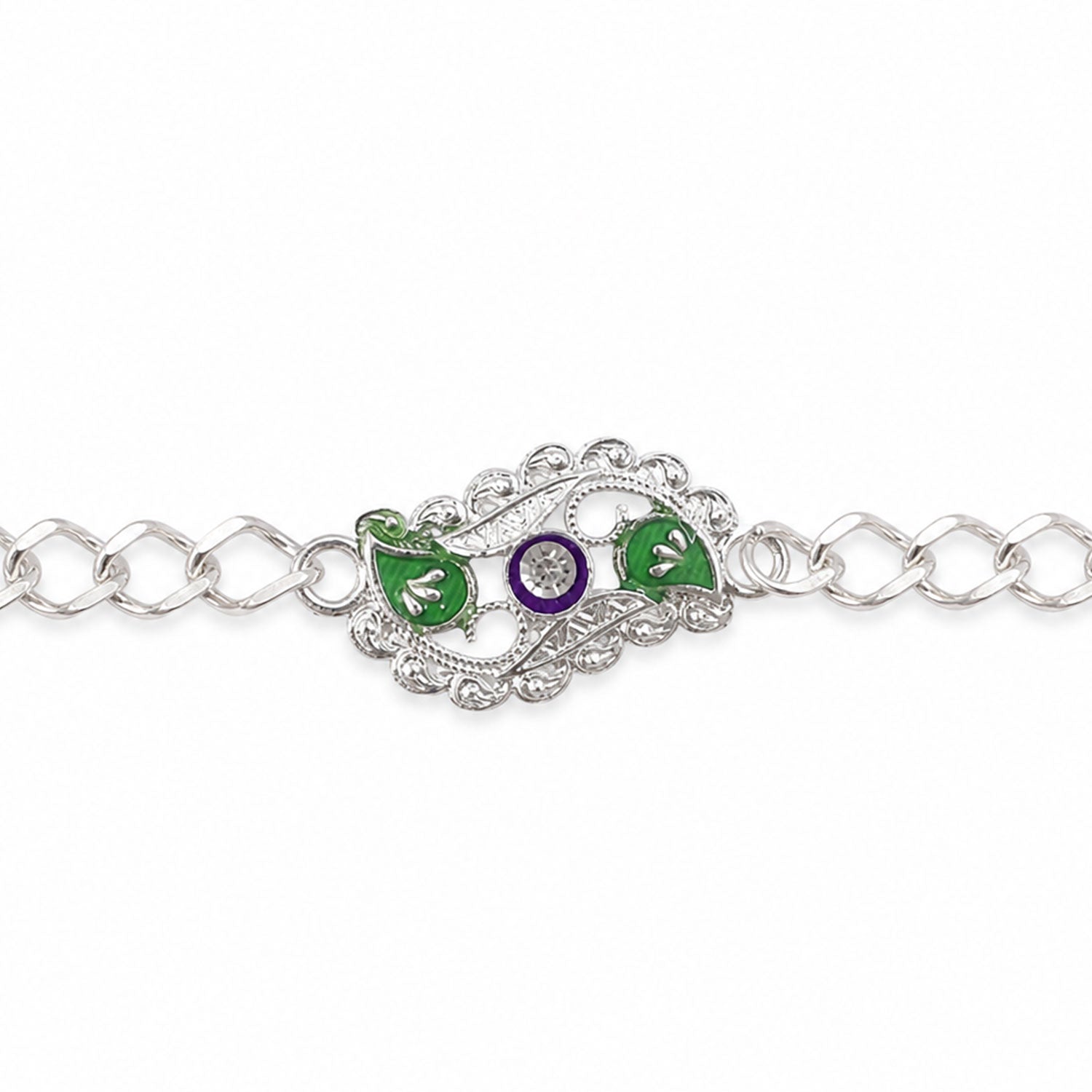 Stylish Leaf Meenakari Enamel Crystal Silver Chain Designer Rakhi