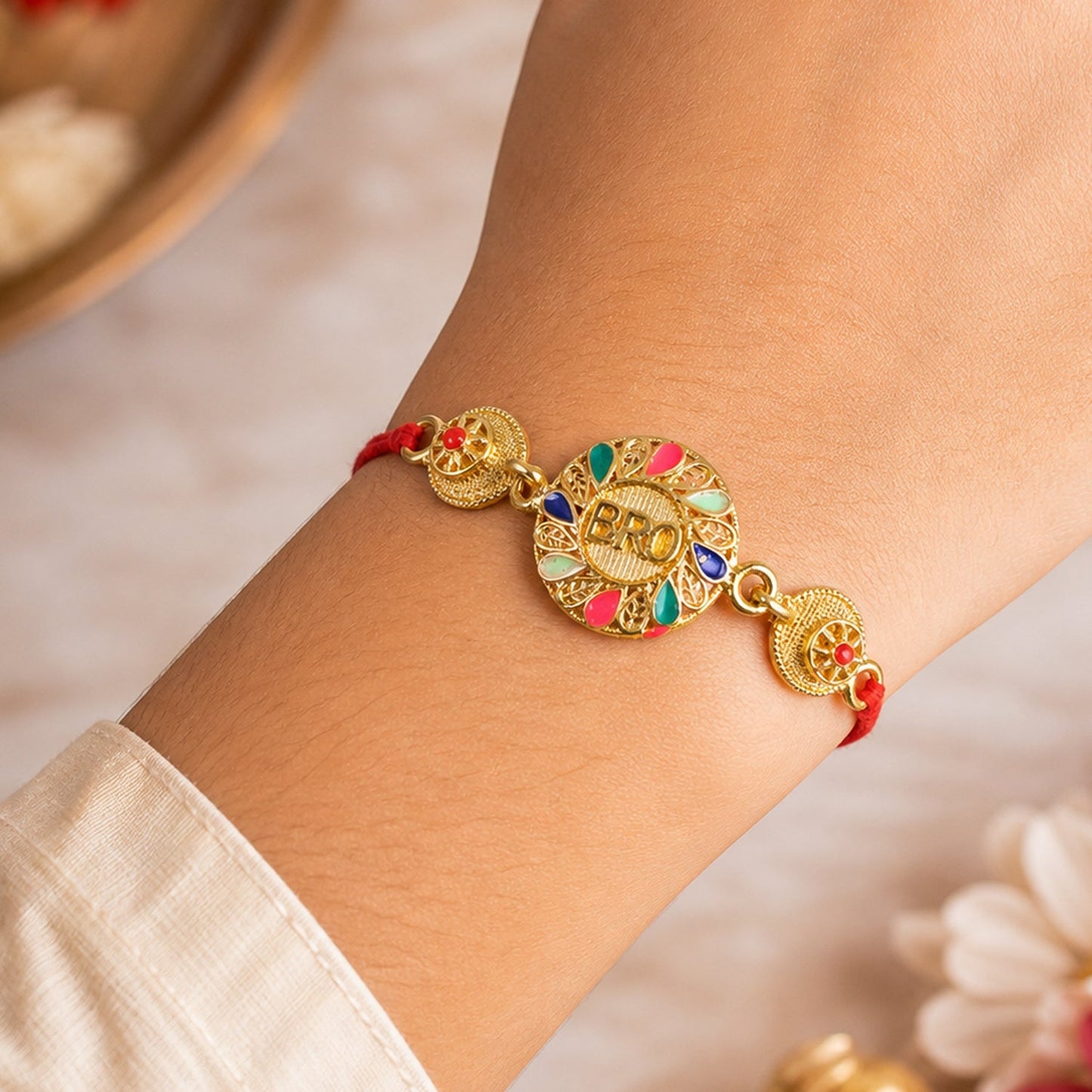 BRO Letter Beaded Rakhi with Round Pearl Accent Center Design