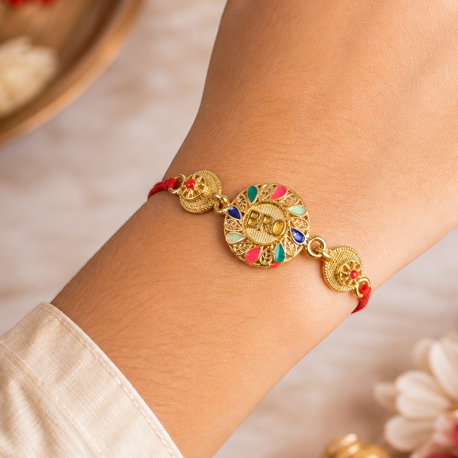 BRO Letter Beaded Rakhi with Round Pearl Accent Center Design