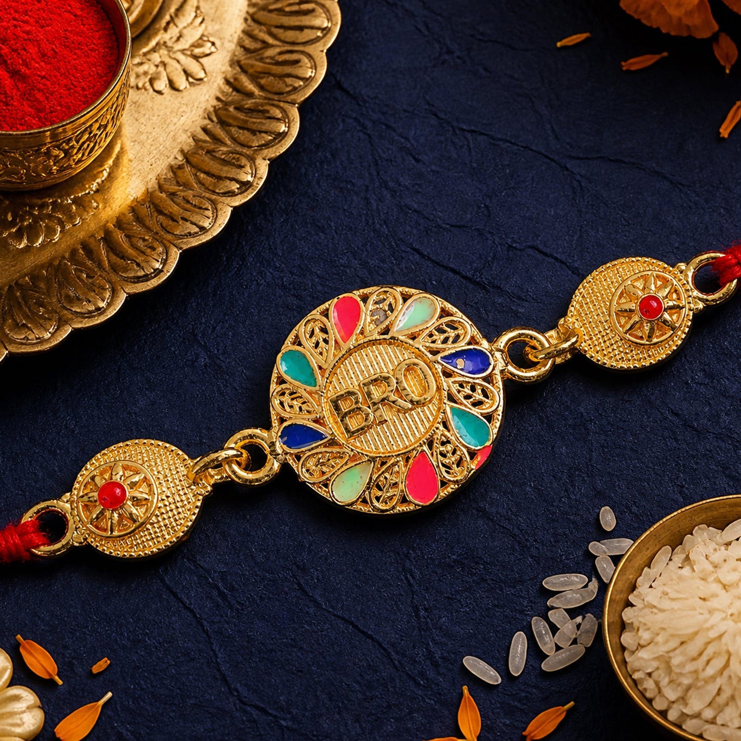 BRO Letter Beaded Rakhi with Round Pearl Accent Center Design