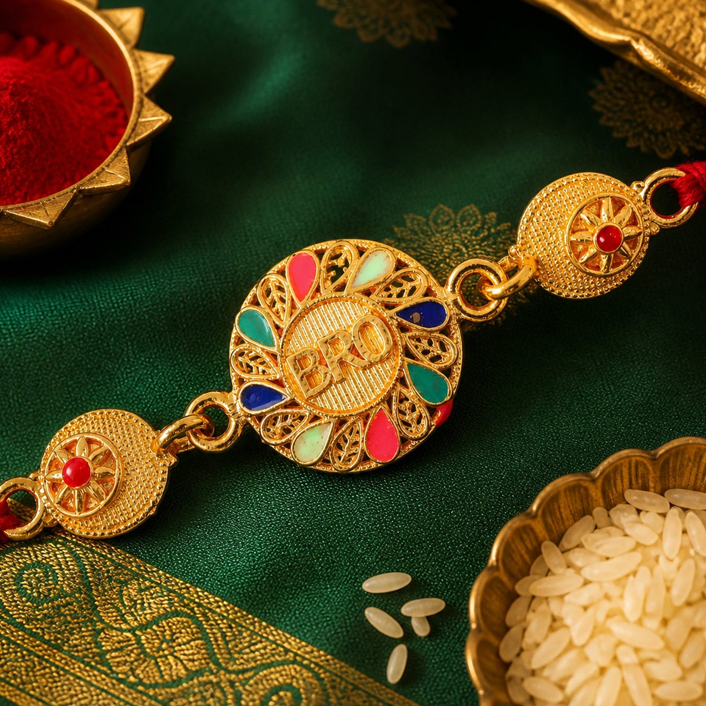 BRO Letter Beaded Rakhi with Round Pearl Accent Center Design
