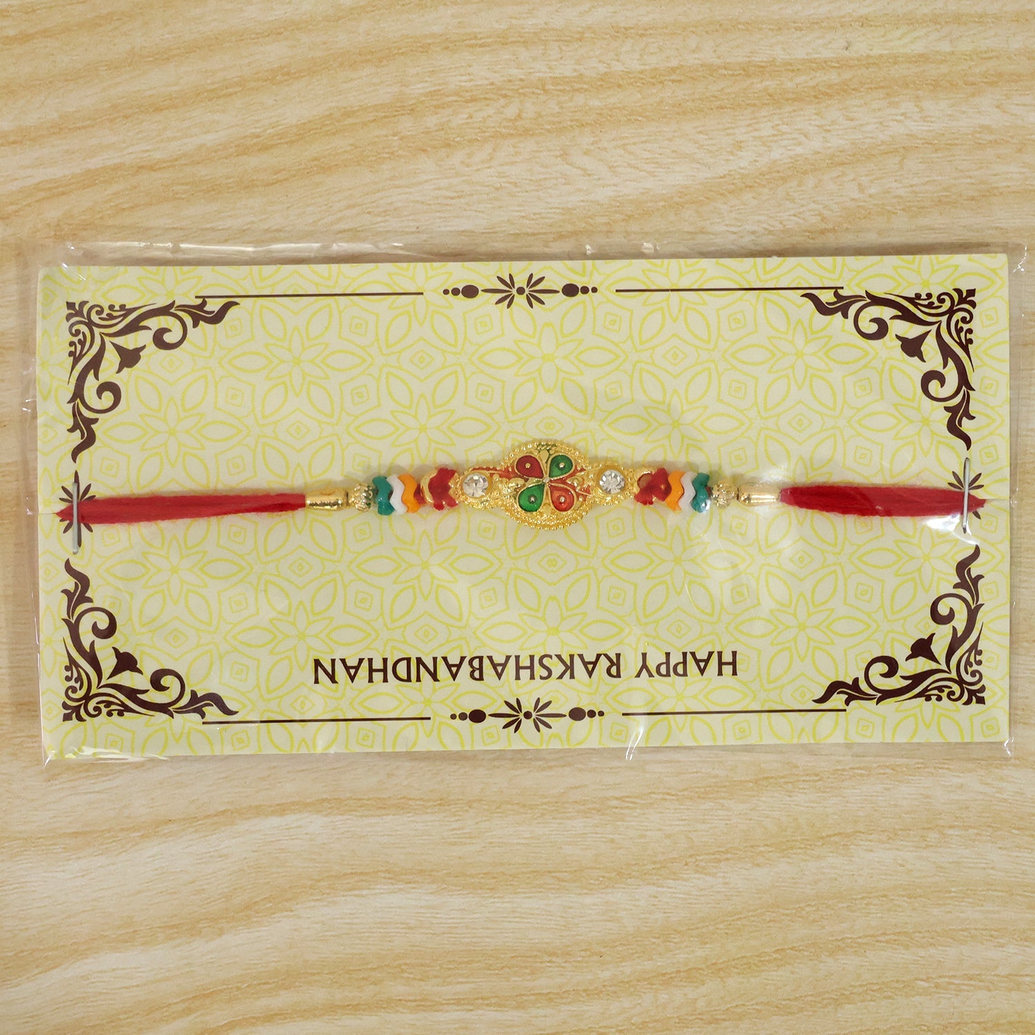 Floral Leaf Motif Beaded Rakhi with Pearl Accent Center Design