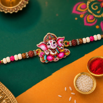 Cute Ganesha Pearl Beaded Rakhi with Playful Center Charm Design
