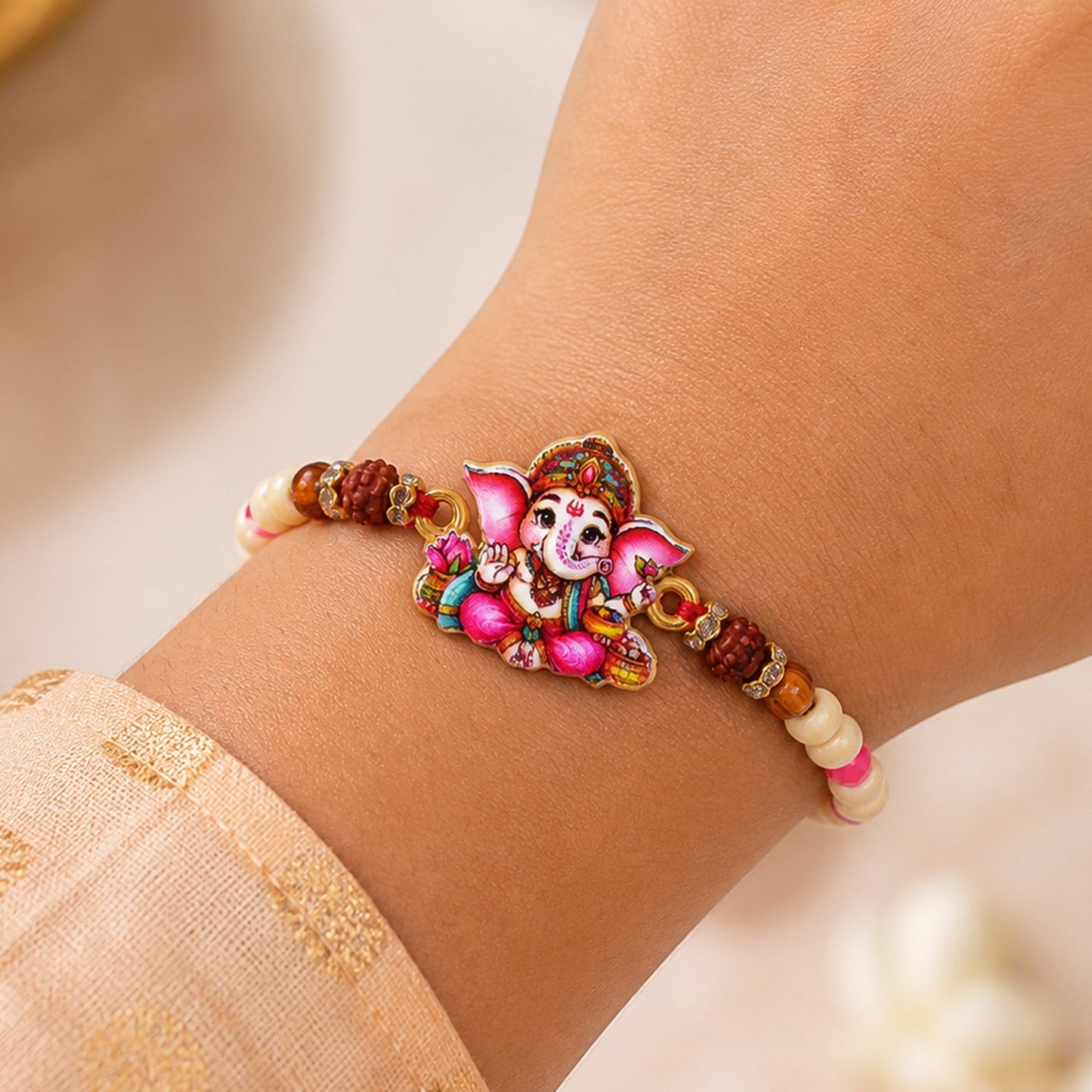 Cute Ganesha Pearl Beaded Rakhi with Playful Center Charm Design