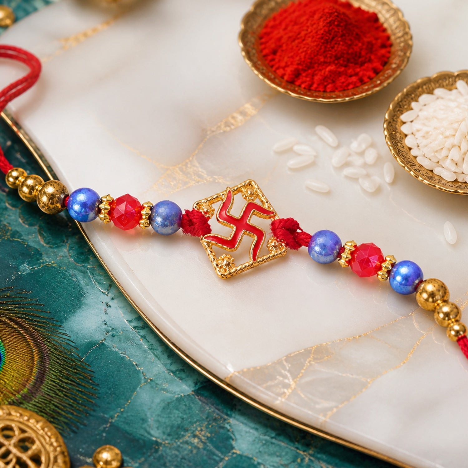 Swastik Beaded Rakhi with Traditional Pearl Accent Center Design