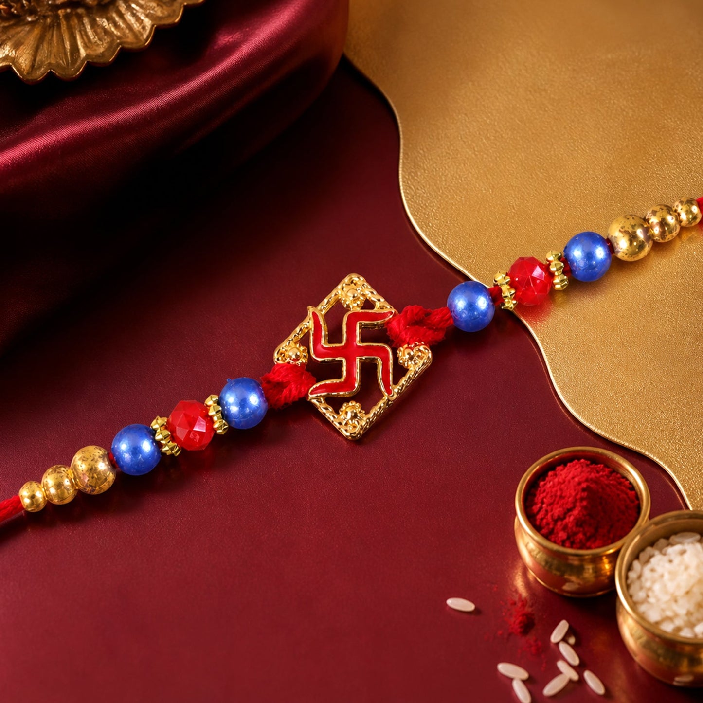 Swastik Beaded Rakhi with Traditional Pearl Accent Center Design