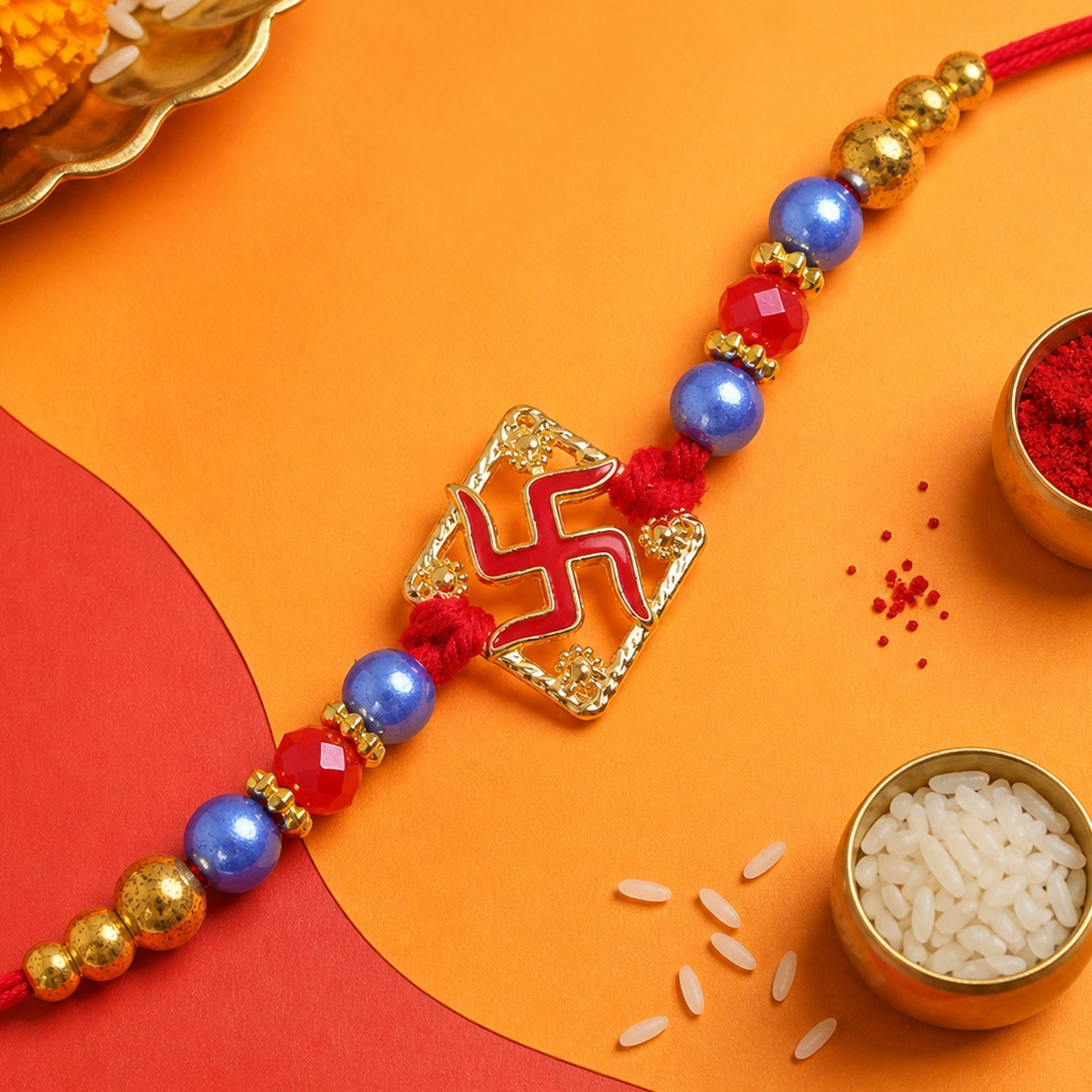 Swastik Beaded Rakhi with Traditional Pearl Accent Center Design