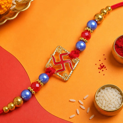Swastik Beaded Rakhi with Traditional Pearl Accent Center Design